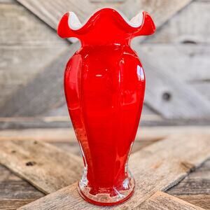 Vintage Ruby Red and White Blown Cased Art Glass Ruffled Vase, 7.5”H